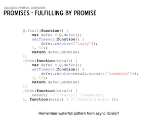 callbacks, promises, generators
Promises - fulfilling by promise
Q.fcall(function() {
var defer = Q.defer();
setTimeout(function() {
defer.resolve(['tasty']);
}, 50);
return defer.promise;
})
.then(function(result) {
var defer = Q.defer();
setTimeout(function() {
defer.resolve(result.concat(['sandwich']));
}, 50);
return defer.promise;
})
.then(function(result) {
result; // ['tasty', 'sandwich']
}, function(error) { // handling error });
Remember waterfall pattern from async library?
 