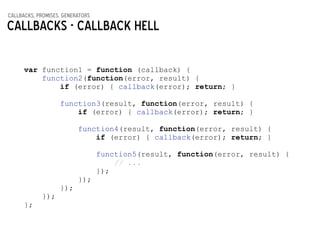 callbacks, promises, generators
Callbacks - Callback hell
var function1 = function (callback) {
function2(function(error, ...