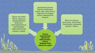 Улсын
мэргэжлийн
хяналтын
байгууллага,
улсын
байцаагчийн
гүйцэтгэх үүрэг:
Орон нутгийн
Засаг даргын
захирамжийн
биелэлт,
хязгаарлалтын
дэглэмийн
хэрэгжилтэнд
хяналт тавих
Захирамж болон
бусад холбогдох
хууль эрх зүйн актыг
зөрчсөн этгээдэд
зохих хариуцлага
тооцох;
Өвчтэй малын
арчилгаа, маллагаа,
тэжээлийн нөхцөлд
хяналт тавих;
 