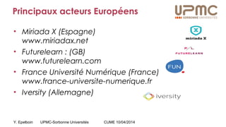 Y. Epelboin UPMC-Sorbonne Universités CUME 10/04/2014
Principaux acteurs Européens
• Miriada X (Espagne)
www.miriadax.net
• Futurelearn : (GB)
www.futurelearn.com
• France Université Numérique (France)
www.france-universite-numerique.fr
• Iversity (Allemagne)
 