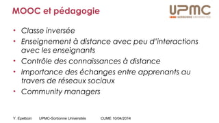 Y. Epelboin UPMC-Sorbonne Universités CUME 10/04/2014
MOOC et pédagogie
• Classe inversée
• Enseignement à distance avec peu d’interactions
avec les enseignants
• Contrôle des connaissances à distance
• Importance des échanges entre apprenants au
travers de réseaux sociaux
• Community managers
 