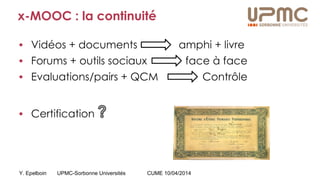 Y. Epelboin UPMC-Sorbonne Universités CUME 10/04/2014
x-MOOC : la continuité
 