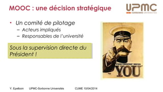 Y. Epelboin UPMC-Sorbonne Universités CUME 10/04/2014
MOOC : une décision stratégique
• Un comité de pilotage
– Acteurs impliqués
– Responsables de l’université
Sous la supervision directe du
Président !
Sous la supervision directe du
Président !
 