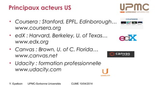 Y. Epelboin UPMC-Sorbonne Universités CUME 10/04/2014
Principaux acteurs US
• Coursera : Stanford, EPFL, Edinborough…
www.coursera.org
• edX : Harvard, Berkeley, U. of Texas…
www.edx.org
• Canvas : Brown, U. of C. Florida…
www.canvas.net
• Udacity : formation professionnelle
www.udacity.com
 