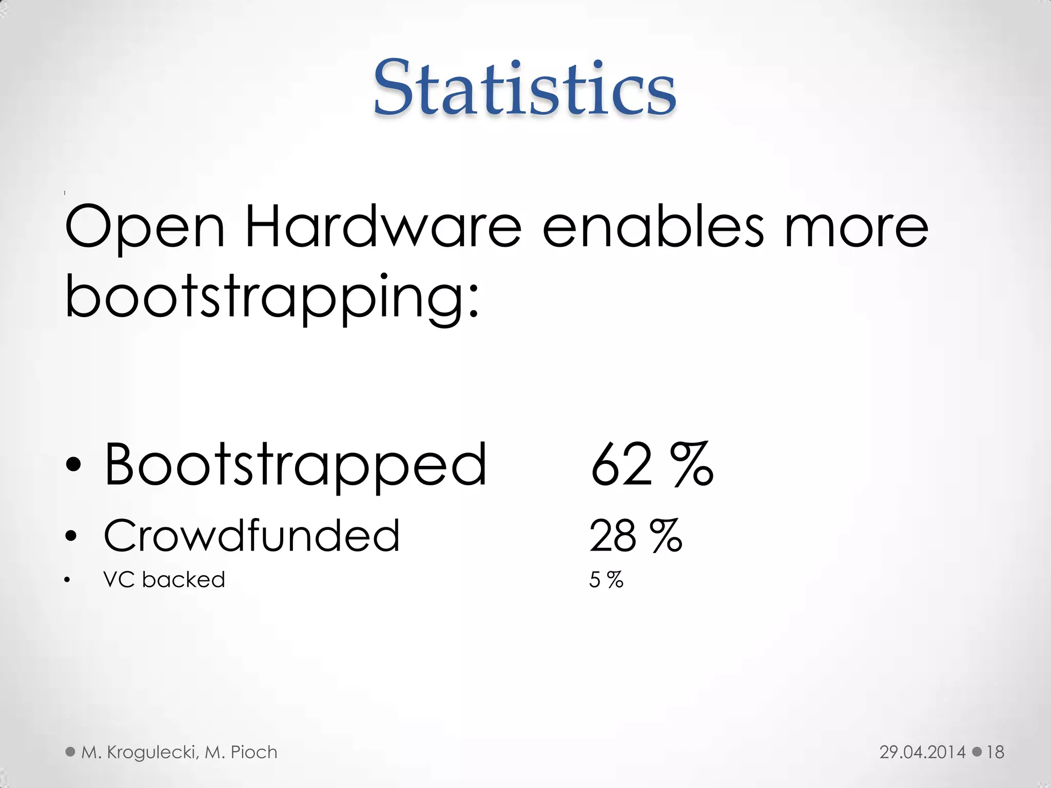Statistics
1
29.04.2014M. Krogulecki, M. Pioch 18
Open Hardware enables more
bootstrapping:
• Bootstrapped 62 %
• Crowdfunded 28 %
• VC backed 5 %
 