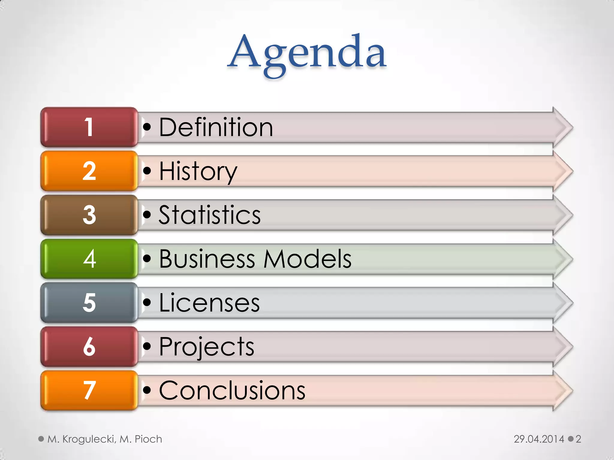 Agenda
29.04.2014M. Krogulecki, M. Pioch 2
•Definition1
•History2
•Statistics3
•Business Models4
•Licenses5
•Projects6
•Conclusions7
 