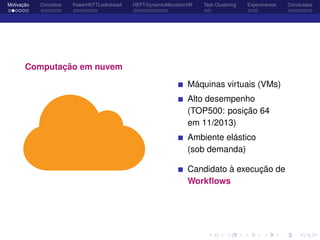 Motivação Conceitos PowerHEFTLookahead HEFT-DynamicAllocationVM Task Clustering Experimentos Conclusões
Computação em nuvem
Máquinas virtuais (VMs)
Alto desempenho
(TOP500: posição 64
em 11/2013)
Ambiente elástico
(sob demanda)
Candidato à execução de
Workﬂows
 