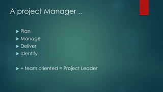 A project Manager ..
 Plan
 Manage
 Deliver
 Identify
 + team oriented = Project Leader
 