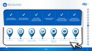 wingsnetwork.com HOME 8
RECRUITER
LANDING PAGE PERFORMANCE
REPORTS
SOCIAL NETWORK
SHARING PLATFORM
BANNERS FOR
BLOGS AND
WEBSITES
Tools designed for
customer prospecting
Greater flexibility in
attracting new users
User-friendly
features with high
performance results
Control subscribers
and contacts
Advertisement
material with updated
contents and videos
Customize your
settings and Recruiter
works automatically
AUTO RESPONDER REAL TIME E-MAIL ALERT FACEBOOK
COVERS
 