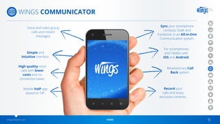 wingsnetwork.com HOME 9
WINGS COMMUNICATOR
Mobile VoIP app
based on SIP.
High quality voice
calls with lower
costs and no
connection taxes.
Simple and
intuitive interface.
Voice and video group
calls and instant
messages.
Sync your smartphone
contacts, Gtalk and
Facebook, in an All-in-One
Communication system.
For smartphones
and Tablets with
IOS and Android.
Revolutionary Call
Back system.
Record your
calls and enjoy
exclusive contents.
 