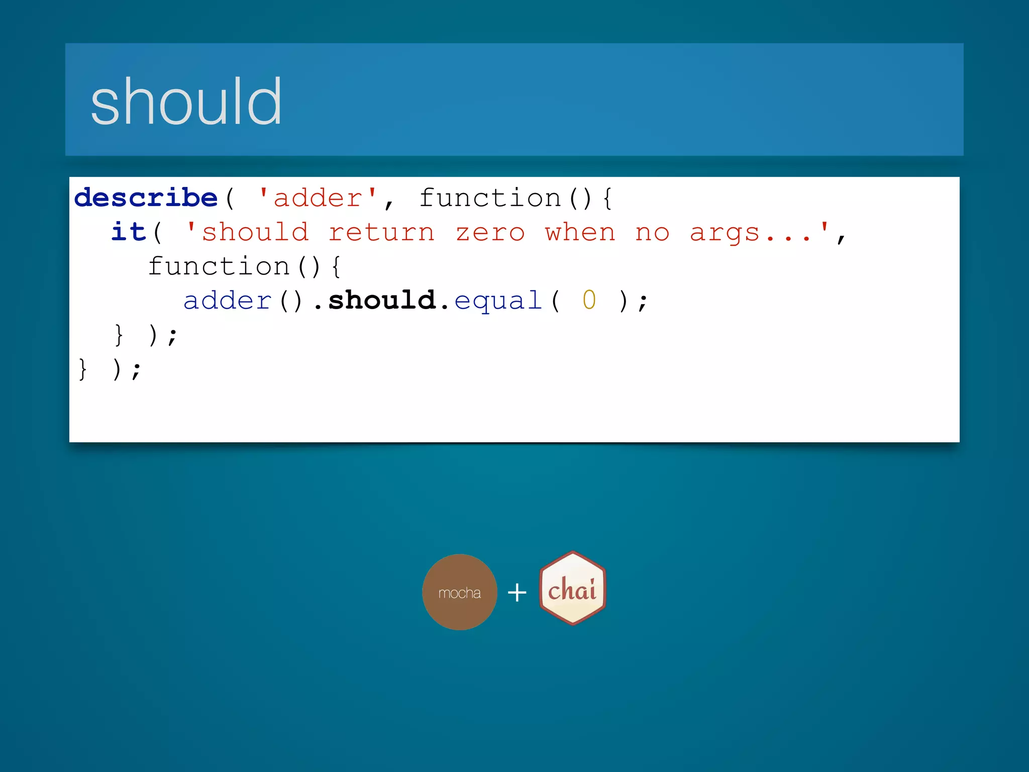 should
describe( 'adder', function(){
it( 'should return zero when no args...',
function(){
adder().should.equal( 0 );
} );
} );
+
 