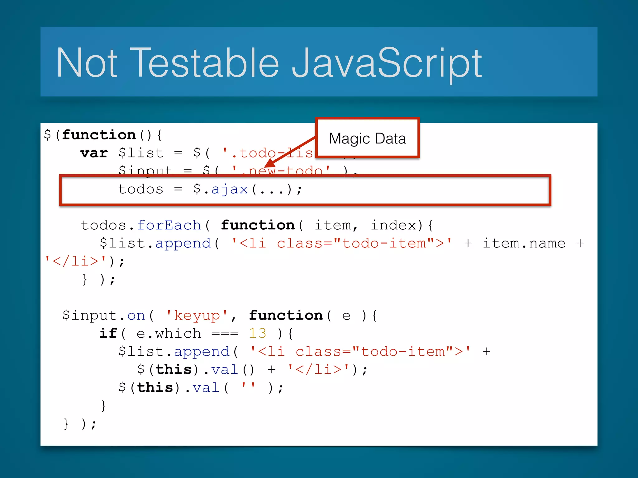 Not Testable JavaScript
$(function(){
var $list = $( '.todo-list' ),
$input = $( '.new-todo' ),
todos = $.ajax(...);
todos.forEach( function( item, index){
$list.append( '<li class="todo-item">' + item.name +
'</li>');
} );
$input.on( 'keyup', function( e ){
if( e.which === 13 ){
$list.append( '<li class="todo-item">' +
$(this).val() + '</li>');
$(this).val( '' );
}
} );
Magic Data
 