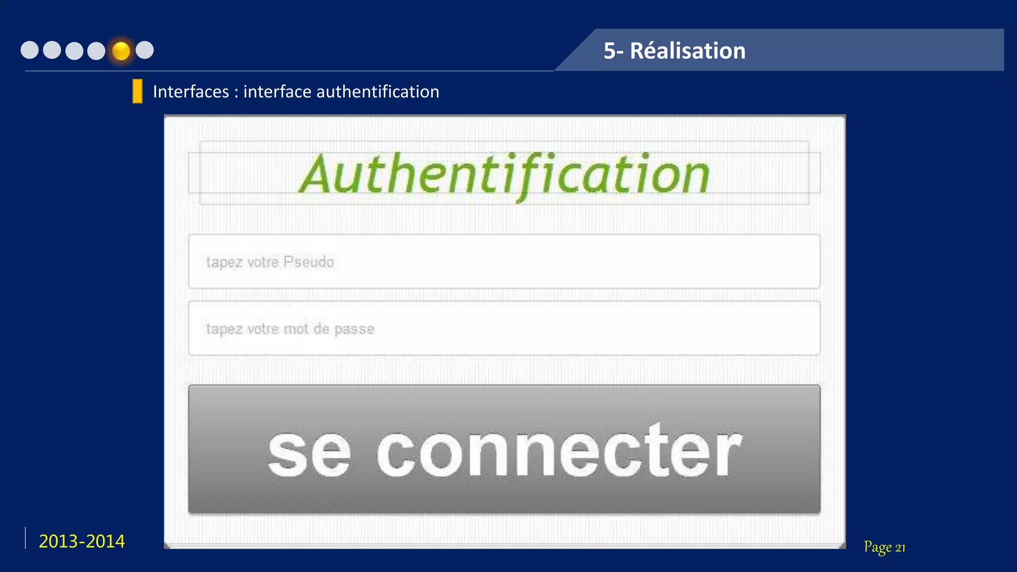 Page 212013-2014
5- Réalisation
Interfaces : interface authentification
 