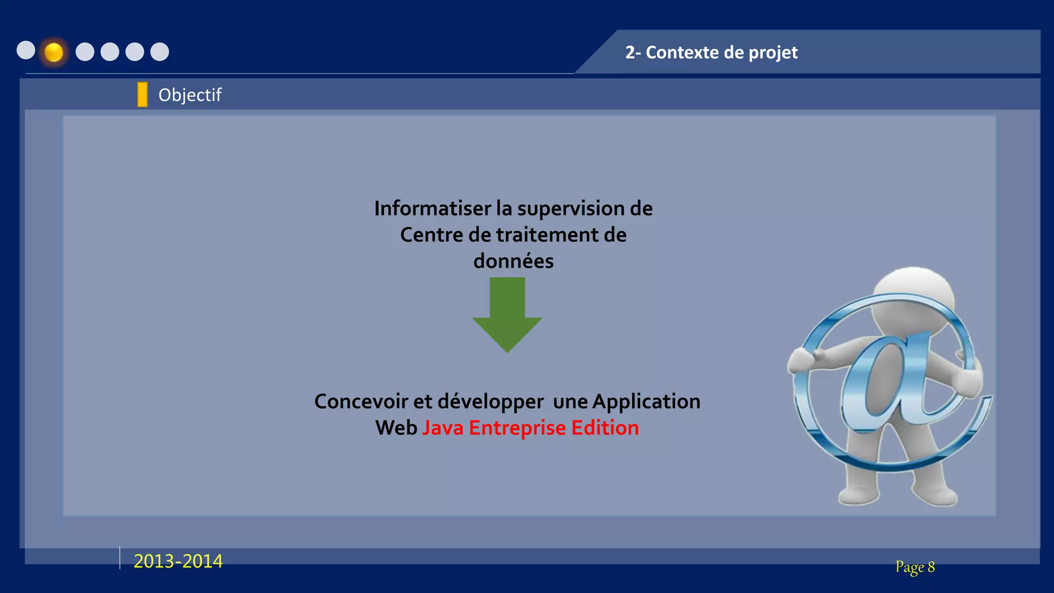 Page 82013-2014
2- Contexte de projet
Informatiser la supervision de
Centre de traitement de
données
Concevoir et développer une Application
Web Java Entreprise Edition
Objectif
 