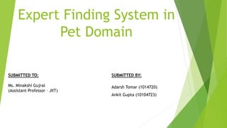 Expert Finding System in
Pet Domain
SUBMITTED BY:
Adarsh Tomar (1014720)
Ankit Gupta (10104723)
SUBMITTED TO:
Ms. Minakshi Gujral
(Assistant Professor – JIIT)
 
