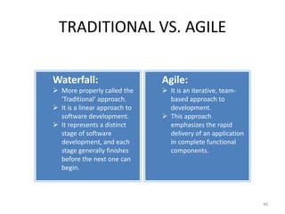 TRADITIONAL VS. AGILE
Waterfall:
 More properly called the
'Traditional‘ approach.
 It is a linear approach to
software development.
 It represents a distinct
stage of software
development, and each
stage generally finishes
before the next one can
begin.
Agile:
 It is an iterative, team-
based approach to
development.
 This approach
emphasizes the rapid
delivery of an application
in complete functional
components.
40
 