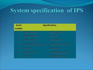 SerialSerial
numbernumber
SpecificationsSpecifications
11 Main voltageMain voltage 220 V, 50 Hz220 V, 50 Hz
22 Battery voltageBattery voltage 12V DC12V DC
33 TemperatureTemperature 0-70 Deg. F.0-70 Deg. F.
44 Output Voltage rangeOutput Voltage range 220V – 240V, 50Hz220V – 240V, 50Hz
55 PowerPower 200 watt200 watt
66 Back up timeBack up time Battery dependentBattery dependent
77 LoadLoad Tube light & fan.Tube light & fan.
 