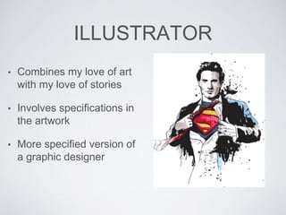 ILLUSTRATOR
• Combines my love of art
with my love of stories
• Involves specifications in
the artwork
• More specified version of
a graphic designer