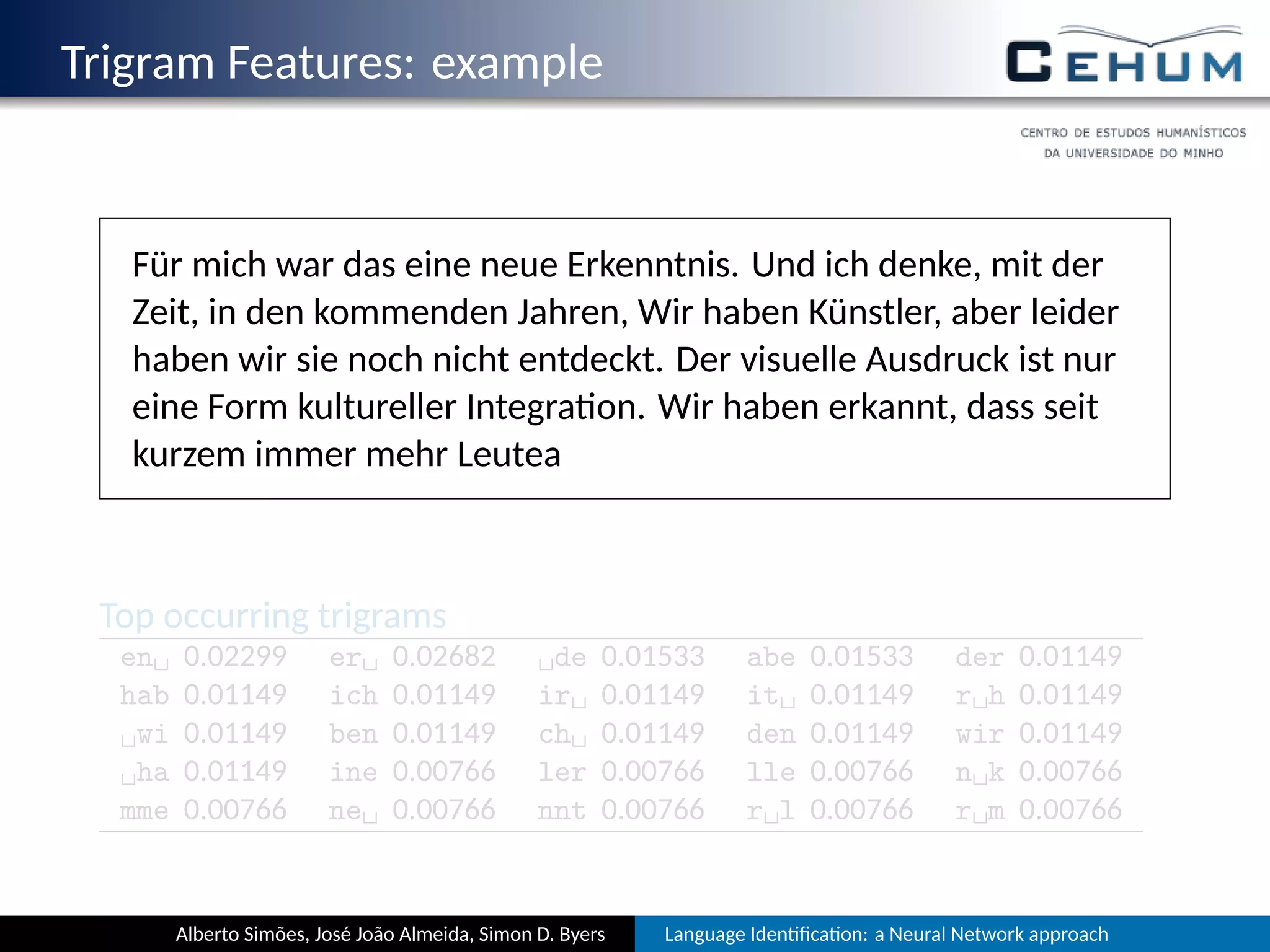 Trigram Features: example
Für mich war das eine neue Erkenntnis. Und ich denke, mit der
Zeit, in den kommenden Jahren, Wir haben Künstler, aber leider
haben wir sie noch nicht entdeckt. Der visuelle Ausdruck ist nur
eine Form kultureller Integra on. Wir haben erkannt, dass seit
kurzem immer mehr Leutea
Top occurring trigrams
en␣ 0.02299 er␣ 0.02682 ␣de 0.01533 abe 0.01533 der 0.01149
hab 0.01149 ich 0.01149 ir␣ 0.01149 it␣ 0.01149 r␣h 0.01149
␣wi 0.01149 ben 0.01149 ch␣ 0.01149 den 0.01149 wir 0.01149
␣ha 0.01149 ine 0.00766 ler 0.00766 lle 0.00766 n␣k 0.00766
mme 0.00766 ne␣ 0.00766 nnt 0.00766 r␣l 0.00766 r␣m 0.00766
Alberto Simões, José João Almeida, Simon D. Byers Language Iden ﬁca on: a Neural Network approach
 