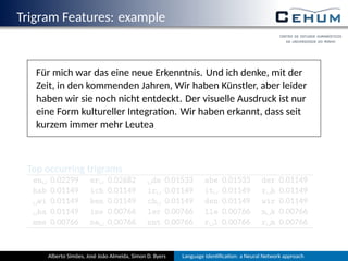 Trigram Features: example
Für mich war das eine neue Erkenntnis. Und ich denke, mit der
Zeit, in den kommenden Jahren, Wir haben Künstler, aber leider
haben wir sie noch nicht entdeckt. Der visuelle Ausdruck ist nur
eine Form kultureller Integra on. Wir haben erkannt, dass seit
kurzem immer mehr Leutea
Top occurring trigrams
en␣ 0.02299 er␣ 0.02682 ␣de 0.01533 abe 0.01533 der 0.01149
hab 0.01149 ich 0.01149 ir␣ 0.01149 it␣ 0.01149 r␣h 0.01149
␣wi 0.01149 ben 0.01149 ch␣ 0.01149 den 0.01149 wir 0.01149
␣ha 0.01149 ine 0.00766 ler 0.00766 lle 0.00766 n␣k 0.00766
mme 0.00766 ne␣ 0.00766 nnt 0.00766 r␣l 0.00766 r␣m 0.00766
Alberto Simões, José João Almeida, Simon D. Byers Language Iden ﬁca on: a Neural Network approach
 