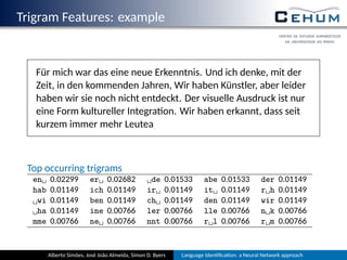 Trigram Features: example
Für mich war das eine neue Erkenntnis. Und ich denke, mit der
Zeit, in den kommenden Jahren, Wir haben Künstler, aber leider
haben wir sie noch nicht entdeckt. Der visuelle Ausdruck ist nur
eine Form kultureller Integra on. Wir haben erkannt, dass seit
kurzem immer mehr Leutea
Top occurring trigrams
en␣ 0.02299 er␣ 0.02682 ␣de 0.01533 abe 0.01533 der 0.01149
hab 0.01149 ich 0.01149 ir␣ 0.01149 it␣ 0.01149 r␣h 0.01149
␣wi 0.01149 ben 0.01149 ch␣ 0.01149 den 0.01149 wir 0.01149
␣ha 0.01149 ine 0.00766 ler 0.00766 lle 0.00766 n␣k 0.00766
mme 0.00766 ne␣ 0.00766 nnt 0.00766 r␣l 0.00766 r␣m 0.00766
Alberto Simões, José João Almeida, Simon D. Byers Language Iden ﬁca on: a Neural Network approach
 