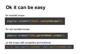 Ok it can be easy
for isolated scope
for non-isolated scope
so the scope with properties and methods:
 