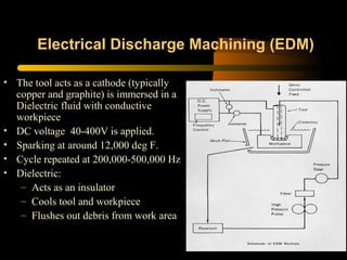 Electrical Discharge Machining (EDM)
• The tool acts as a cathode (typically
copper and graphite) is immersed in a
Dielectric fluid with conductive
workpiece
• DC voltage 40-400V is applied.
• Sparking at around 12,000 deg F.
• Cycle repeated at 200,000-500,000 Hz
• Dielectric:
– Acts as an insulator
– Cools tool and workpiece
– Flushes out debris from work area
 