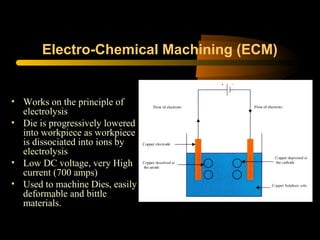 Electro-Chemical Machining (ECM)
• Works on the principle of
electrolysis
• Die is progressively lowered
into workpiece as workpiece
is dissociated into ions by
electrolysis
• Low DC voltage, very High
current (700 amps)
• Used to machine Dies, easily
deformable and bittle
materials.
 