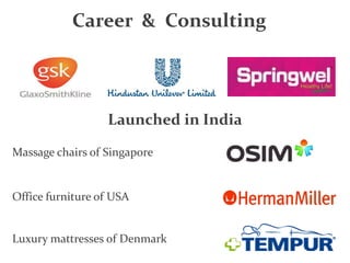 Career & Consulting
Launched in India
Massage chairs of Singapore
Office furniture of USA
Luxury mattresses of Denmark
 