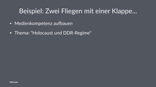 Medientechnische Aspekte
• Erstellung eines Podcasts
• Bearbeitung des Audio-Rohmaterials
• Veröﬀentlichung auf Schulwebsite/Klassenblog/Wiki
• Beachtung des Urheberrechts
• Visualisierung von Eindrücken über Word Cloud
friolz.com
 