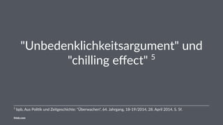 "Unbedenklichkeitsargument" und
"chilling eﬀect" 5
5
bpb, Aus Poli-k und Zeitgeschichte: "Überwachen", 64. Jahrgang, 18-19/2014, 28. April 2014, S. 5f.
friolz.com
 
