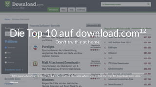 Die Top 10 auf download.com12
Don't try this at home!
12
h%p://www.howtogeek.com/198622/heres-what-happens-when-you-install-the-top-10-download.com-apps/
friolz.com
 