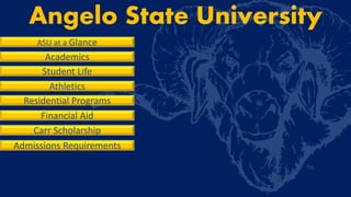 Angelo State University
ASU at a Glance
Academics
Student Life
Athletics
Residential Programs
Financial Aid
Carr Scholarship
Admissions Requirements
 