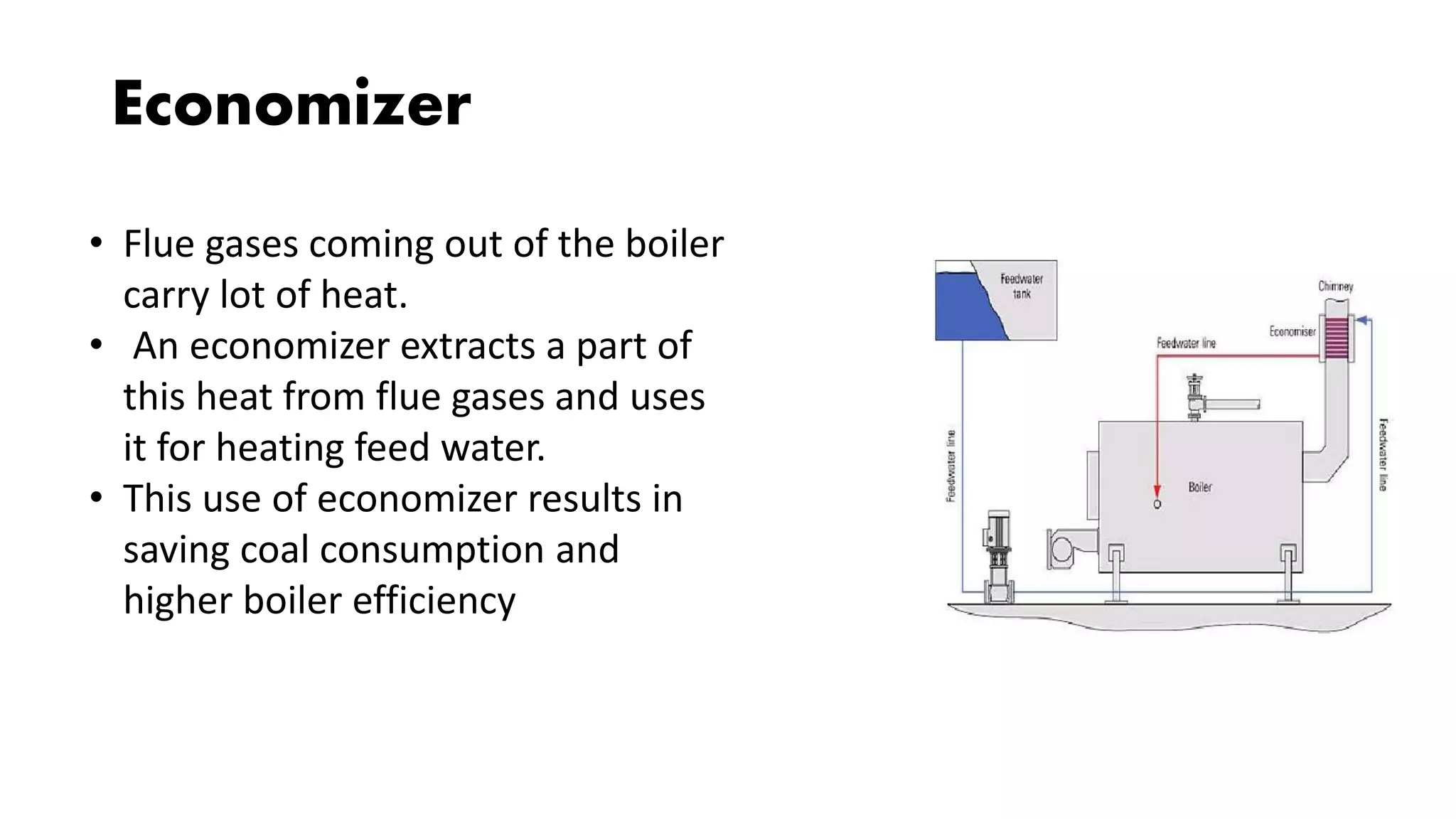 Economizer
• Flue gases coming out of the boiler
carry lot of heat.
• An economizer extracts a part of
this heat from flue gases and uses
it for heating feed water.
• This use of economizer results in
saving coal consumption and
higher boiler efficiency
 