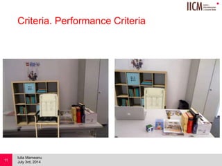 
Criteria. Performance Criteria
July 3rd, 2014
Iulia Marneanu
11
Frameworks Flicker Motion Blur Fast Moves Registration Occlusion
ARLab no no not supp. not supp. not supp.
ARToolKit min no partially
supported
not supp. not supp.
D‘Fusion no no supported supported not supp.
Vuforia min no supported supported not supp.
catchoom no yes supported supported not supp.
metaio min no not supp. supported not supp.
 