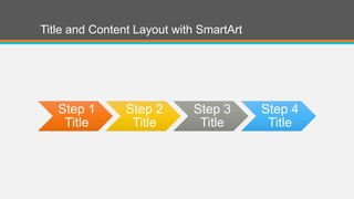 Title and Content Layout with SmartArt
Step 1
Title
Step 2
Title
Step 3
Title
Step 4
Title