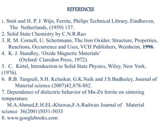 1. Smit and H. P. J. Wijn, Ferrite, Philips Technical Library, Eindhoven,
The Netherlands, (1959) 137.
2. Solid State Chemistry by C.N.R.Rao
3. R. M. Cornell, U. Schertmann, The Iron Oxides: Structure, Properties,
Reactions, Occurrence and Uses, VCH Publishers, Weinheim, 1996.
4. K. J. Standley, ‘Oxide Magnetic Materials’
(Oxford: Claredon Press, 1972).
5. C. Kittel, Introduction to Solid State Physics, Wiley, New York,
(1976).
6. R.B. Tangsali, S.H. Keluskar, G.K.Naik and J.S.Budkuley, Journal of
Material science (2007)42,878-882.
7. Dependence of dielectric behavior of Mn-Zn ferrite on sintering
temperature.
M.A.Ahmed,E.H.EL-Khawas,F.A.Radwan Journal of Material
science 36(2001)5031-5035
8. www.googlebooks.com
REFERENCES
 