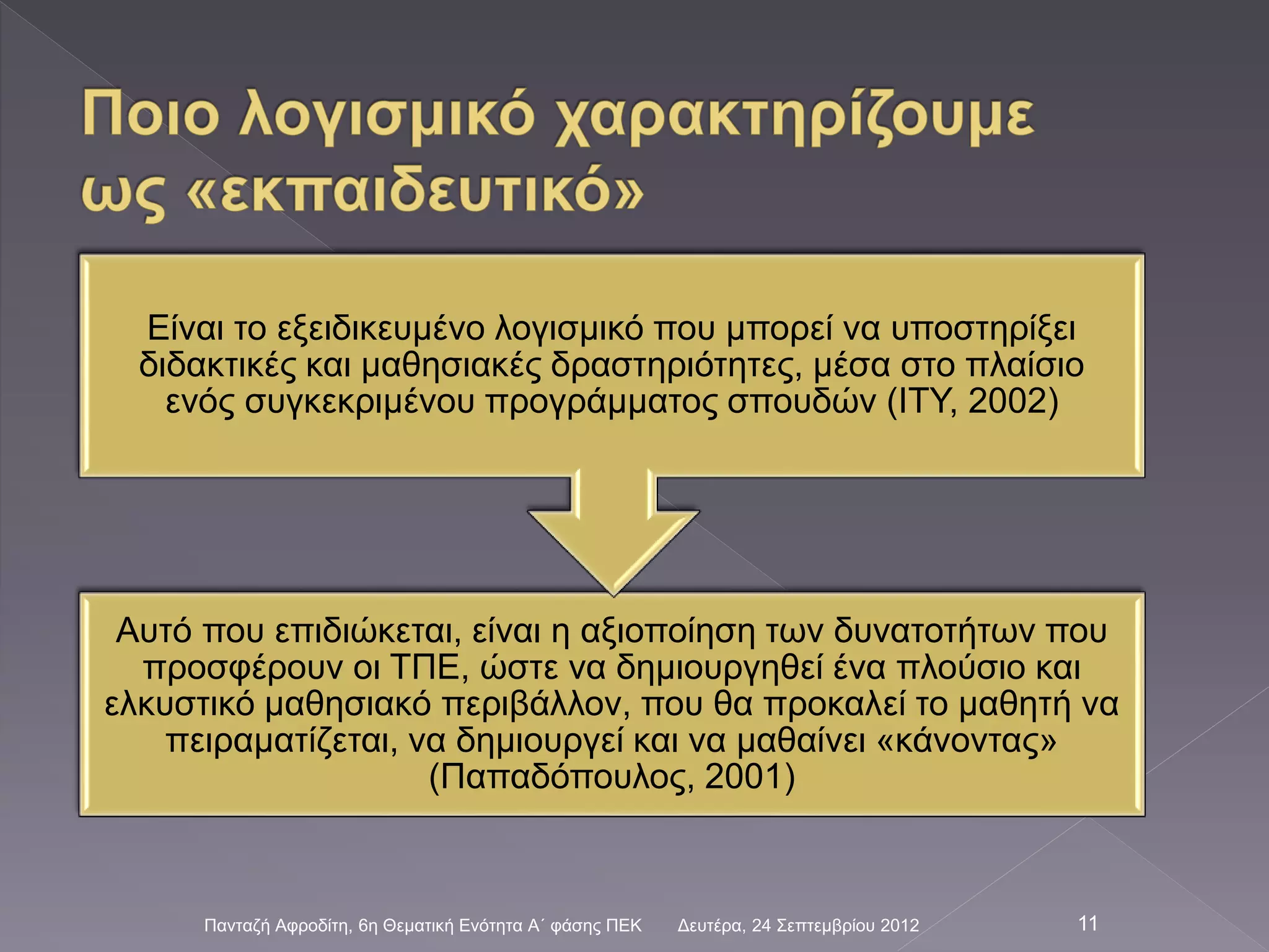 Δευτέρα, 24 Σεπτεμβρίου 2012Πανταζή Αφροδίτη, 6η Θεματική Ενότητα Α΄ φάσης ΠΕΚ 11
Αυτό που επιδιώκεται, είναι η αξιοποίηση των δυνατοτήτων που
προσφέρουν οι ΤΠΕ, ώστε να δημιουργηθεί ένα πλούσιο και
ελκυστικό μαθησιακό περιβάλλον, που θα προκαλεί το μαθητή να
πειραματίζεται, να δημιουργεί και να μαθαίνει «κάνοντας»
(Παπαδόπουλος, 2001)
Είναι το εξειδικευμένο λογισμικό που μπορεί να υποστηρίξει
διδακτικές και μαθησιακές δραστηριότητες, μέσα στο πλαίσιο
ενός συγκεκριμένου προγράμματος σπουδών (ΙΤΥ, 2002)
 