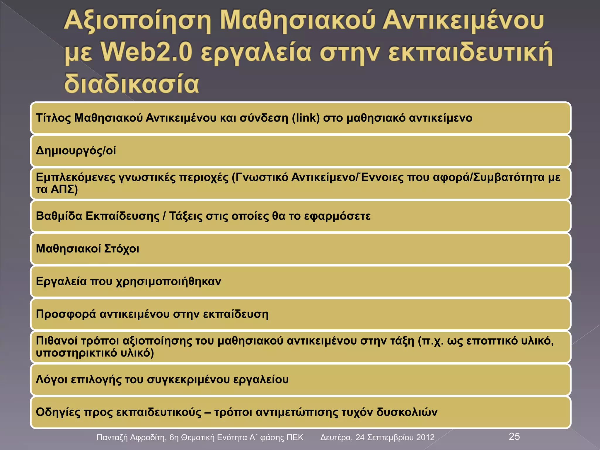 Τίτλος Μαθησιακού Αντικειμένου και σύνδεση (link) στο μαθησιακό αντικείμενο
Δημιουργός/οί
Εμπλεκόμενες γνωστικές περιοχές (Γνωστικό Αντικείμενο/Έννοιες που αφορά/Συμβατότητα με
τα ΑΠΣ)
Βαθμίδα Εκπαίδευσης / Τάξεις στις οποίες θα το εφαρμόσετε
Μαθησιακοί Στόχοι
Εργαλεία που χρησιμοποιήθηκαν
Προσφορά αντικειμένου στην εκπαίδευση
Πιθανοί τρόποι αξιοποίησης του μαθησιακού αντικειμένου στην τάξη (π.χ. ως εποπτικό υλικό,
υποστηρικτικό υλικό)
Λόγοι επιλογής του συγκεκριμένου εργαλείου
Οδηγίες προς εκπαιδευτικούς – τρόποι αντιμετώπισης τυχόν δυσκολιών
Δευτέρα, 24 Σεπτεμβρίου 2012Πανταζή Αφροδίτη, 6η Θεματική Ενότητα Α΄ φάσης ΠΕΚ 25
 
