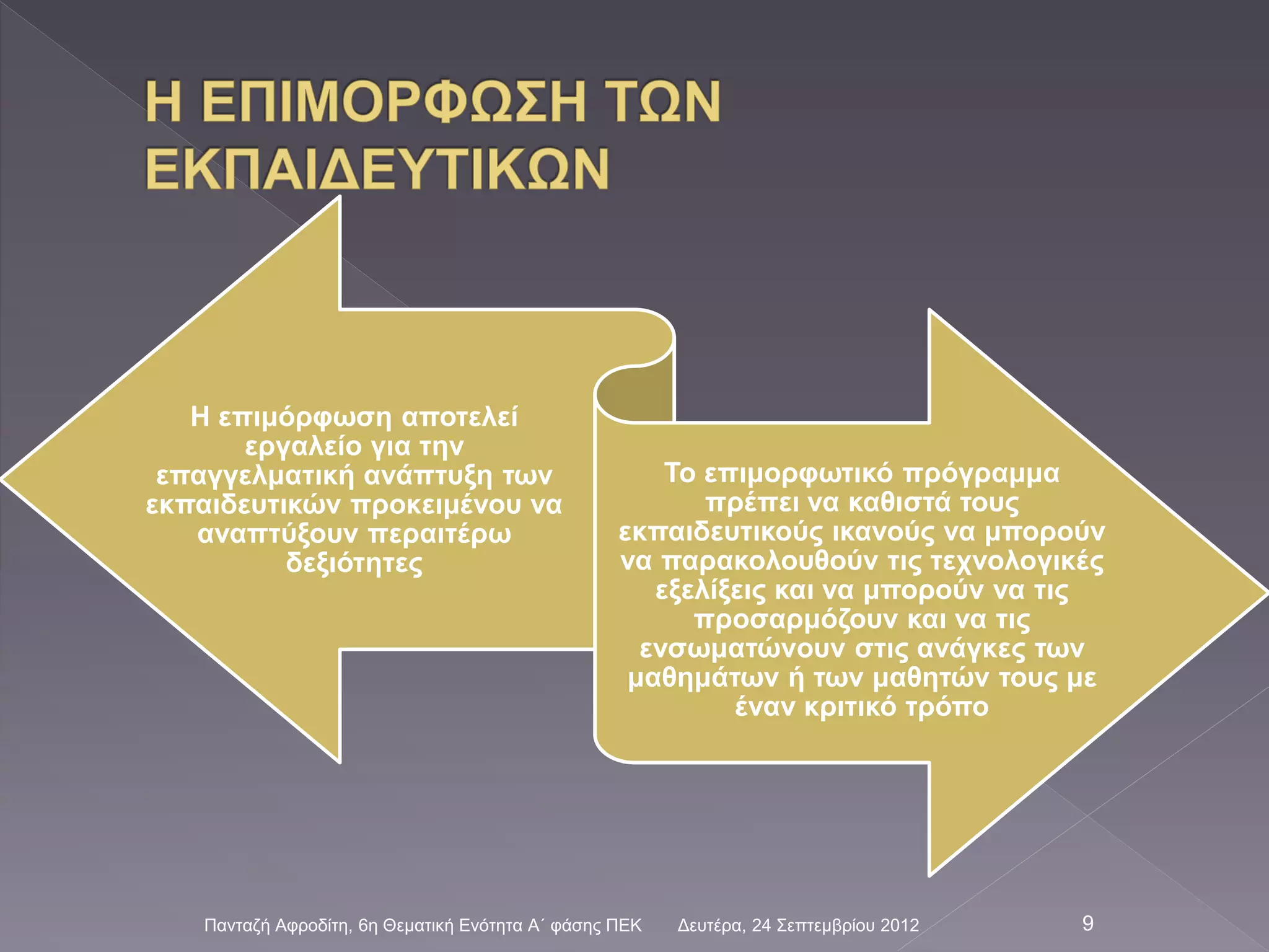 Η επιμόρφωση αποτελεί
εργαλείο για την
επαγγελματική ανάπτυξη των
εκπαιδευτικών προκειμένου να
αναπτύξουν περαιτέρω
δεξιότητες
Το επιμορφωτικό πρόγραμμα
πρέπει να καθιστά τους
εκπαιδευτικούς ικανούς να μπορούν
να παρακολουθούν τις τεχνολογικές
εξελίξεις και να μπορούν να τις
προσαρμόζουν και να τις
ενσωματώνουν στις ανάγκες των
μαθημάτων ή των μαθητών τους με
έναν κριτικό τρόπο
Δευτέρα, 24 Σεπτεμβρίου 2012Πανταζή Αφροδίτη, 6η Θεματική Ενότητα Α΄ φάσης ΠΕΚ 9
 
