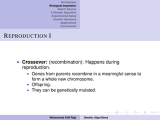Introduction
Biological Inspiration
Search Spaces
A Genetic Algorithm
Experimental Setup
Genetic Operators
Applications
Conclusions
REPRODUCTION I
Crossover: (recombination): Happens during
reproduction.
Genes from parents recombine in a meaningful sense to
form a whole new chromosome.
Offspring.
They can be genetically mutated.
Muhammad Adil Raja Genetic Algorithms
 