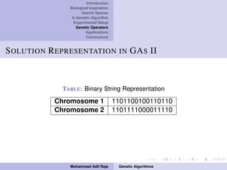 Introduction
Biological Inspiration
Search Spaces
A Genetic Algorithm
Experimental Setup
Genetic Operators
Applications
Conclusions
SOLUTION REPRESENTATION IN GAS II
TABLE: Binary String Representation
Chromosome 1 1101100100110110
Chromosome 2 1101111000011110
Muhammad Adil Raja Genetic Algorithms
 