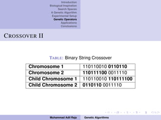 Introduction
Biological Inspiration
Search Spaces
A Genetic Algorithm
Experimental Setup
Genetic Operators
Applications
Conclusions
CROSSOVER II
TABLE: Binary String Crossover
Chromosome 1 110110010 0110110
Chromosome 2 110111100 0011110
Child Chromosome 1 110110010 110111100
Child Chromosome 2 0110110 0011110
Muhammad Adil Raja Genetic Algorithms
 