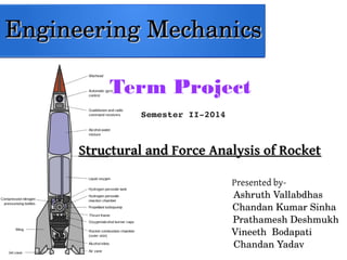 Engineering MechanicsEngineering Mechanics
Presented by-               
        Ashruth Vallabdhas         
Chandan Kumar Sinha    
Prathamesh Deshmukh   
                                                     Vineeth  Bodapati             
  Chandan Yadav                
Term Project
Semester II­2014
    
                    Structural and Force Analysis of RocketStructural and Force Analysis of Rocket
 