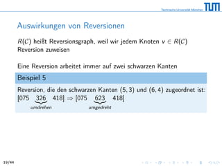 Auswirkungen von Reversionen
R(C) heißt Reversionsgraph, weil wir jedem Knoten v ∈ R(C)
Reversion zuweisen
Eine Reversion arbeitet immer auf zwei schwarzen Kanten
Beispiel 5
Reversion, die den schwarzen Kanten (5, 3) und (6, 4) zugeordnet ist:
[075 326
umdrehen
418] ⇒ [075 623
umgedreht
418]
19/44
 