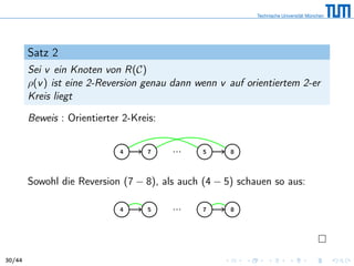 Satz 2
Sei v ein Knoten von R(C)
ρ(v) ist eine 2-Reversion genau dann wenn v auf orientiertem 2-er
Kreis liegt
Beweis : Orientierter 2-Kreis:
4 7 ... 5 8
Sowohl die Reversion (7 − 8), als auch (4 − 5) schauen so aus:
4 5 ... 7 8
30/44
 