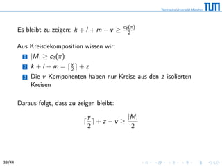 Es bleibt zu zeigen: k + l + m − v ≥ c2(π)
2
Aus Kreisdekomposition wissen wir:
1 |M| ≥ c2(π)
2 k + l + m = y
2 + z
3 Die v Komponenten haben nur Kreise aus den z isolierten
Kreisen
Daraus folgt, dass zu zeigen bleibt:
y
2
+ z − v ≥
|M|
2
38/44
 