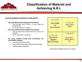 Intelligent Communication Lab 
Classification of Material and 
Achieving N.R.I. 
Classification Of Materials Found In Nature 
Achieving Negative Refractive Index (N.R.I.) 
• By Using Material Having Negative Permittivity. 
 They are often found in nature in some metals and 
semiconductor.. 
 Do not give positive impedance 
• By using material having negative Permeability. 
 They are rarely exist in nature and that to for very low 
frequency 
 Do not give positive impedance 
• By using material having both permittivity and 
permeability negative. 
 They are not found in nature. 
 They are the combination of above two materials 
 Posses positive impedance 
12 
 