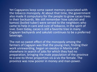 Yet Cagayanos keep some sweet memory associated with 
the tobacco monopoly. At about that time, the government 
also made it compulsary for the people to grow cacao trees 
in their backyards. We still remember how sakulati and 
kamosi (boiled tuber) were served to the neighbors who 
came to help in care and cure of tobacco, in the spirit of 
ivve. Even today, cacao is still a favorite tree in many 
Cagayan backyards and sakulati continues to be a preferred 
beverage. 
The not-so-sweet effect of the monopoly among the 
farmers of Cagayan was that the young men, finding their 
work unrewarding, began an exodus in Manila and 
elsewhere in search of jobs for which they had no 
preparation, bringing the male population of the province 
to a one-to-three proportion vis-à-vis the female. The 
province was now poorer in money and man-power. 
