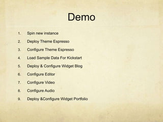 Demo 
1. Spin new instance 
2. Deploy Theme Espresso 
3. Configure Theme Espresso 
4. Load Sample Data For Kickstart 
5. Deploy & Configure Widget Blog 
6. Configure Editor 
7. Configure Video 
8. Configure Audio 
9. Deploy &Configure Widget Portfolio 
 